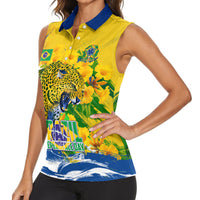 Brazil Independence Day Women Sleeveless Polo Shirt Roaring Jaguar Christ Redeemer Tropical Floral