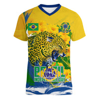Brazil Independence Day Women V-Neck T-Shirt Roaring Jaguar Christ Redeemer Tropical Floral
