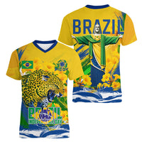 Brazil Independence Day Women V-Neck T-Shirt Roaring Jaguar Christ Redeemer Tropical Floral