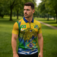 Brazil Independence Day Zipper Polo Shirt Roaring Jaguar Christ Redeemer Tropical Floral