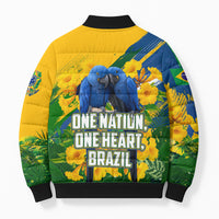 Brazil Independence Day Bomber Puffer Jacket One Nation One Heart - Tropical Toucan Macaw Christ Redeemer