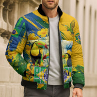 Brazil Independence Day Bomber Puffer Jacket One Nation One Heart - Tropical Toucan Macaw Christ Redeemer