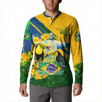 Brazil Independence Day Button Sweatshirt One Nation One Heart - Tropical Toucan Macaw Christ Redeemer