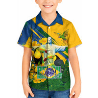 Brazil Independence Day Kid Hawaiian Shirt One Nation One Heart - Tropical Toucan Macaw Christ Redeemer