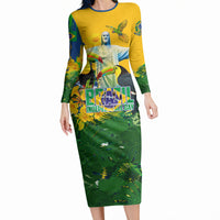 Brazil Independence Day Long Sleeve Bodycon Dress One Nation One Heart - Tropical Toucan Macaw Christ Redeemer
