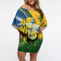 Brazil Independence Day Off Shoulder Short Dress One Nation One Heart - Tropical Toucan Macaw Christ Redeemer
