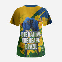Brazil Independence Day Scrub Top One Nation One Heart - Tropical Toucan Macaw Christ Redeemer