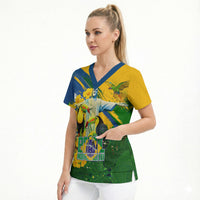 Brazil Independence Day Scrub Top One Nation One Heart - Tropical Toucan Macaw Christ Redeemer