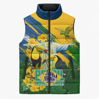 Brazil Independence Day Sleeveless Puffer Jacket One Nation One Heart - Tropical Toucan Macaw Christ Redeemer