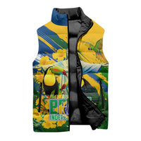 Brazil Independence Day Sleeveless Puffer Jacket One Nation One Heart - Tropical Toucan Macaw Christ Redeemer