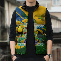 Brazil Independence Day Sleeveless Puffer Jacket One Nation One Heart - Tropical Toucan Macaw Christ Redeemer