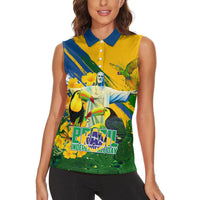 Brazil Independence Day Women Sleeveless Polo Shirt One Nation One Heart - Tropical Toucan Macaw Christ Redeemer