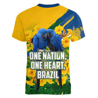 Brazil Independence Day Women V-Neck T-Shirt One Nation One Heart - Tropical Toucan Macaw Christ Redeemer