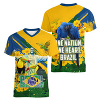 Brazil Independence Day Women V-Neck T-Shirt One Nation One Heart - Tropical Toucan Macaw Christ Redeemer