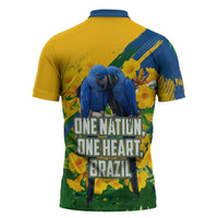 Brazil Independence Day Zipper Polo Shirt One Nation One Heart - Tropical Toucan Macaw Christ Redeemer