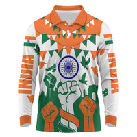 India Patriotic Freedom Long Sleeve Polo Shirt Flag Colors Raised Fist Typography Graphic