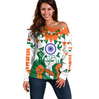 India Patriotic Freedom Off Shoulder Sweater Flag Colors Raised Fist Typography Graphic