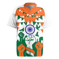 India Patriotic Freedom Rugby Jersey Flag Colors Raised Fist Typography Graphic