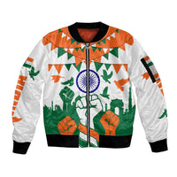India Patriotic Freedom Sleeve Zip Bomber Jacket Flag Colors Raised Fist Typography Graphic