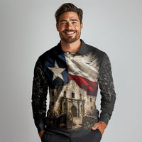 Remember The Alamo Texas Flag Long Sleeve Polo Shirt Distressed Historical Texan Pride
