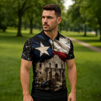 Remember The Alamo Texas Flag Zipper Polo Shirt Distressed Historical Texan Pride