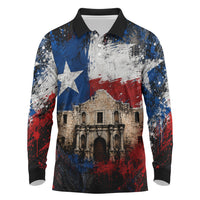 Texas Remember The Alamo Long Sleeve Polo Shirt Distressed Splatter Paint Texan Pride