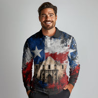 Texas Remember The Alamo Long Sleeve Polo Shirt Distressed Splatter Paint Texan Pride