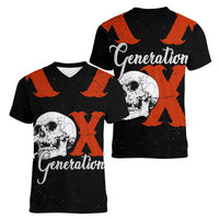 Generation X Skull Women V-Neck T-Shirt Retro Distressed Grunge Edgy Nostalgia