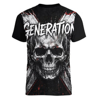 Generation X Skull Women V-Neck T-Shirt Distressed Heavy Metal Grunge