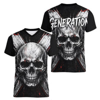 Generation X Skull Women V-Neck T-Shirt Distressed Heavy Metal Grunge
