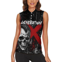 Generation X Mohawk Skull Women Sleeveless Polo Shirt Distressed Punk Rock Grunge