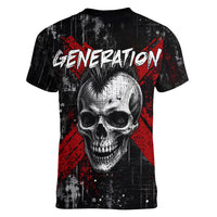 Generation X Mohawk Skull Women V-Neck T-Shirt Distressed Punk Rock Grunge