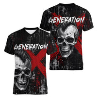 Generation X Mohawk Skull Women V-Neck T-Shirt Distressed Punk Rock Grunge