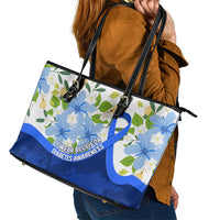 Diabetes Awareness Ribbon Leather Tote Bag Floral Blue Ribbon World Map