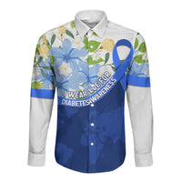 Diabetes Awareness Ribbon Long Sleeve Button Shirt Floral Blue Ribbon World Map