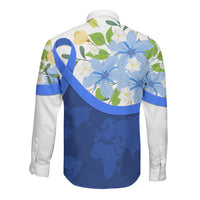 Diabetes Awareness Ribbon Long Sleeve Button Shirt Floral Blue Ribbon World Map