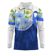 Diabetes Awareness Ribbon Long Sleeve Polo Shirt Floral Blue Ribbon World Map