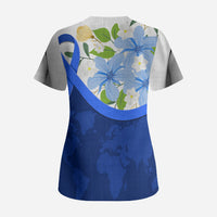 Diabetes Awareness Ribbon Scrub Top Floral Blue Ribbon World Map