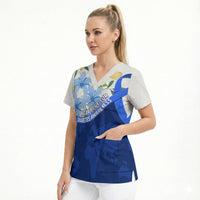 Diabetes Awareness Ribbon Scrub Top Floral Blue Ribbon World Map
