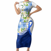 Diabetes Awareness Ribbon Short Sleeve Bodycon Dress Floral Blue Ribbon World Map