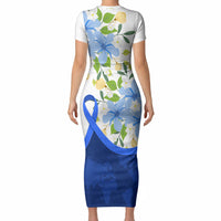 Diabetes Awareness Ribbon Short Sleeve Bodycon Dress Floral Blue Ribbon World Map
