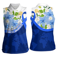 Diabetes Awareness Ribbon Women Sleeveless Polo Shirt Floral Blue Ribbon World Map