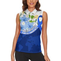 Diabetes Awareness Ribbon Women Sleeveless Polo Shirt Floral Blue Ribbon World Map