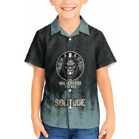 Bigfoot Wilderness Solitude Kid Hawaiian Shirt Cryptid Forest Graphic In Distressed Vintage Style