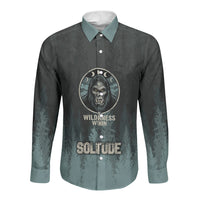 Bigfoot Wilderness Solitude Long Sleeve Button Shirt Cryptid Forest Graphic In Distressed Vintage Style