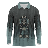 Bigfoot Wilderness Solitude Long Sleeve Polo Shirt Cryptid Forest Graphic In Distressed Vintage Style