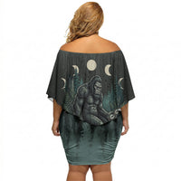 Bigfoot Wilderness Solitude Off Shoulder Short Dress Cryptid Forest Graphic In Distressed Vintage Style