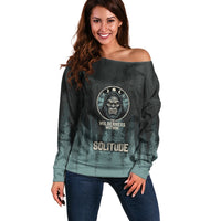 Bigfoot Wilderness Solitude Off Shoulder Sweater Cryptid Forest Graphic In Distressed Vintage Style