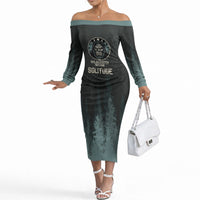 Bigfoot Wilderness Solitude Off The Shoulder Long Sleeve Dress Cryptid Forest Graphic In Distressed Vintage Style