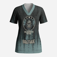 Bigfoot Wilderness Solitude Scrub Top Cryptid Forest Graphic In Distressed Vintage Style